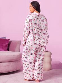 Mean Girls | SHEIN Plus Size Spring Fall Allover Print Lapel Collar Shirt & Pants Pajama Set, Fall Clothes, Cozy Outfit - Pink - View 2