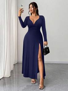 SHEIN Clasi Đầm dự tiệc tay dài ôm sát, cổ chữ V thanh lịch, chất liệu co giãn cao dành cho nữ cỡ lớn, thiết kế xẻ tà thời trang, đa năng - Màu xanh hải quân - Xem 3