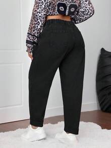 SHEIN CURVE+ 女式黑色秋冬弹力保暖内衬锥形加大码牛仔裤，适合所有女士服装，万圣节服装，乡村风格女士装，时尚秋季 - 黑色 - 查看 5