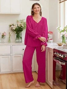 SHEIN Set pijamale pentru femei, model jacquard, cu buline în relief, cu decolteu în V și pantaloni lungi, haine de toamnă - Roz fierbinte - Vizualizare 3