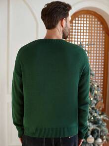 Manfinity Homme Áo len cổ tròn họa tiết tuần lộc cho nam, dáng rộng, thường ngày, áo len Giáng sinh cho nam, áo len tuần lộc, áo len Giáng sinh màu xanh lá cây, mùa thu/đông - Màu xanh lá cây đậm - Xem 2