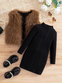 SHEIN Babygirl Cute & Elegant Fuzzy Knit Long Sleeve Dress Set, Autumn/Winter Fall Babygirl Versatile Casual Cute Elegant Lady Plush Knitted Long-Sleeved Ribbed Texture Dress Plush Coat Set 2 Pieces, Autumn And Winter, Brown Plush Coat And Black Dress, Versatile Autumn And Winter Warm Fashion, Cutting-Edge Fashion Design Can Be Worn Indoors And Outdoors, Care For Baby's Skin, Mother's Shopping First Choice Suitable For Indoor And Outdoor, Daily, Sports, Play, Party, Photo, Vacation, Festival
