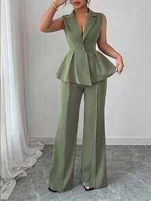 Elenzga Plus Size Sleeveless Blazer Collar Waist Cinched Elegant Romantic Women Suit Set Winter Fall Autumn