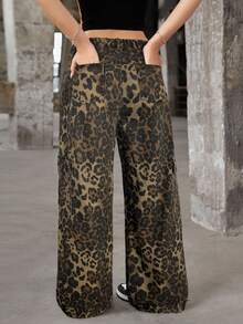 SHEIN Teen Girl Leopard Print Wide Leg Cargo Jeans Fall Winter - Brown - View 2