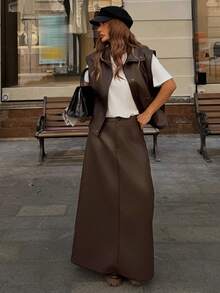 DAZY Women's Autumn Collared Sleeveless Top And Loose Fit Skirt 2 Pieces Set Y2k School Lounge Sets For Women - Coffee Brown - View 3