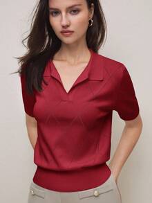 SHEIN BIZwear 春夏新款绿色 Polo 领菱形针织设计女士长袖套头毛衣，时尚优雅，适合都市通勤、日常穿着，浪漫的 90 年代复古风，也适合圣诞节、新年、情人节、派对、海滩、毕业典礼、时尚、节日、假日、婚礼宾客、早午餐、机场等多种场合。 - 紅色 - 查看 7