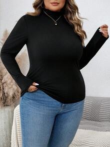 SHEIN CURVE+ 纯色罗纹修身立领针织保暖T恤