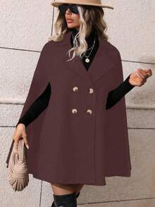 EMERY ROSE 优雅纯色双排扣斗篷大衣，秋冬 - 紫色 - 查看 3