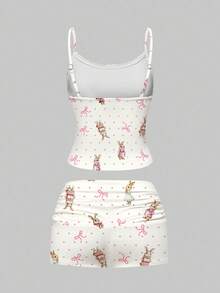ROMWE Kawaii Cute Rabbit Polka Dot Full Print Lace Camisole & Ruched Shorts Pajama Set, Casual Loungewear - White - View 2