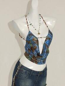 SHEIN ICON Women's Bohemian Style Floral Print Beaded Halter Backless Sexy Camisole