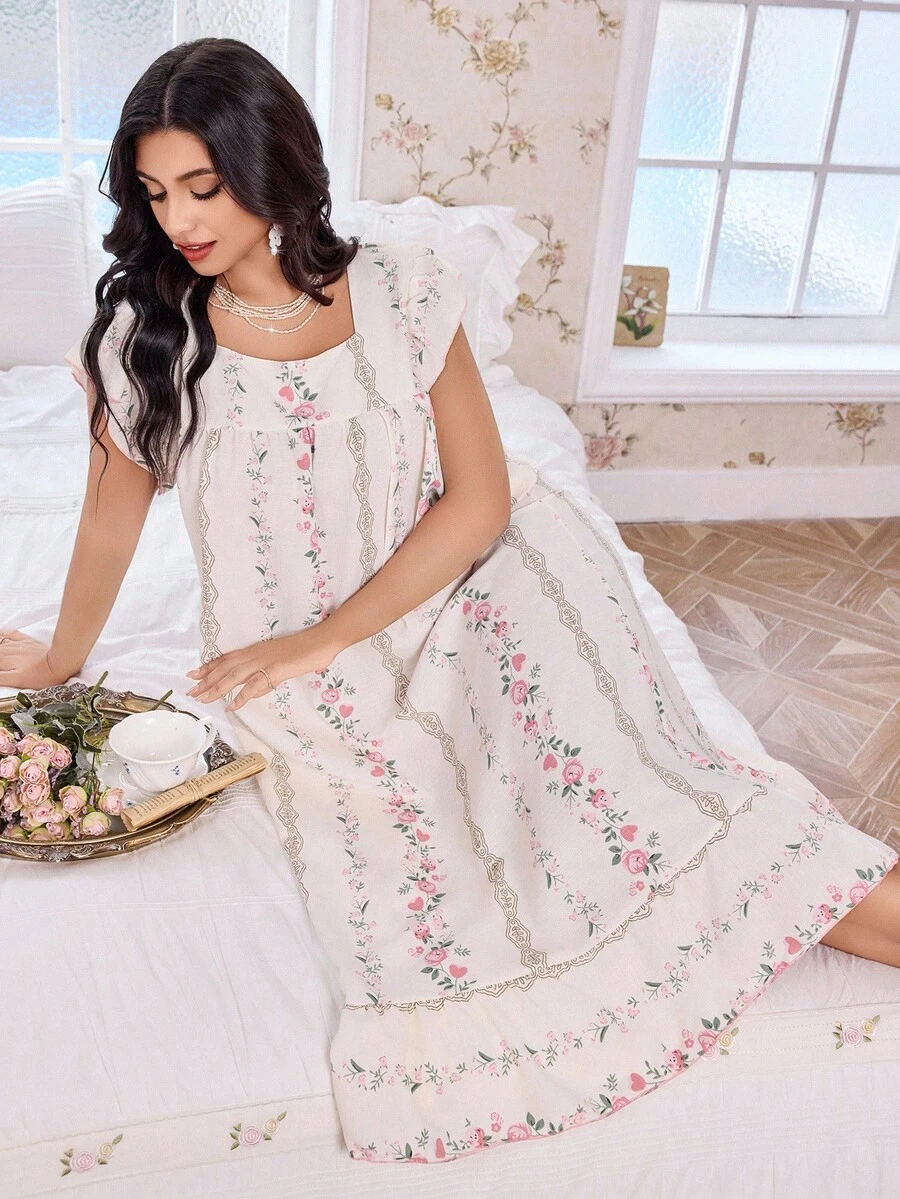 CottageSlumber 花卉印花拼布荷叶边方领加大码女式睡袍 - 彩色 - 查看 1