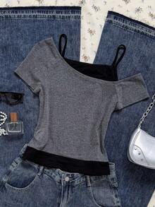 Attitoon Car & Slogan Graphic Cold Shoulder Tee - Multicolor - View 2