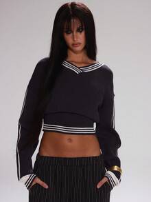 MUSERA 针织V领条纹细节收腰毛衣套头衫，可爱教师返校休闲工作街头风运动工作服商务装 - 黑與白 - 查看 6