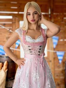 Sweetina 2 件套女士蕾丝上衣和连衣裙套装，啤酒节性感装 - 粉色 - 查看 1