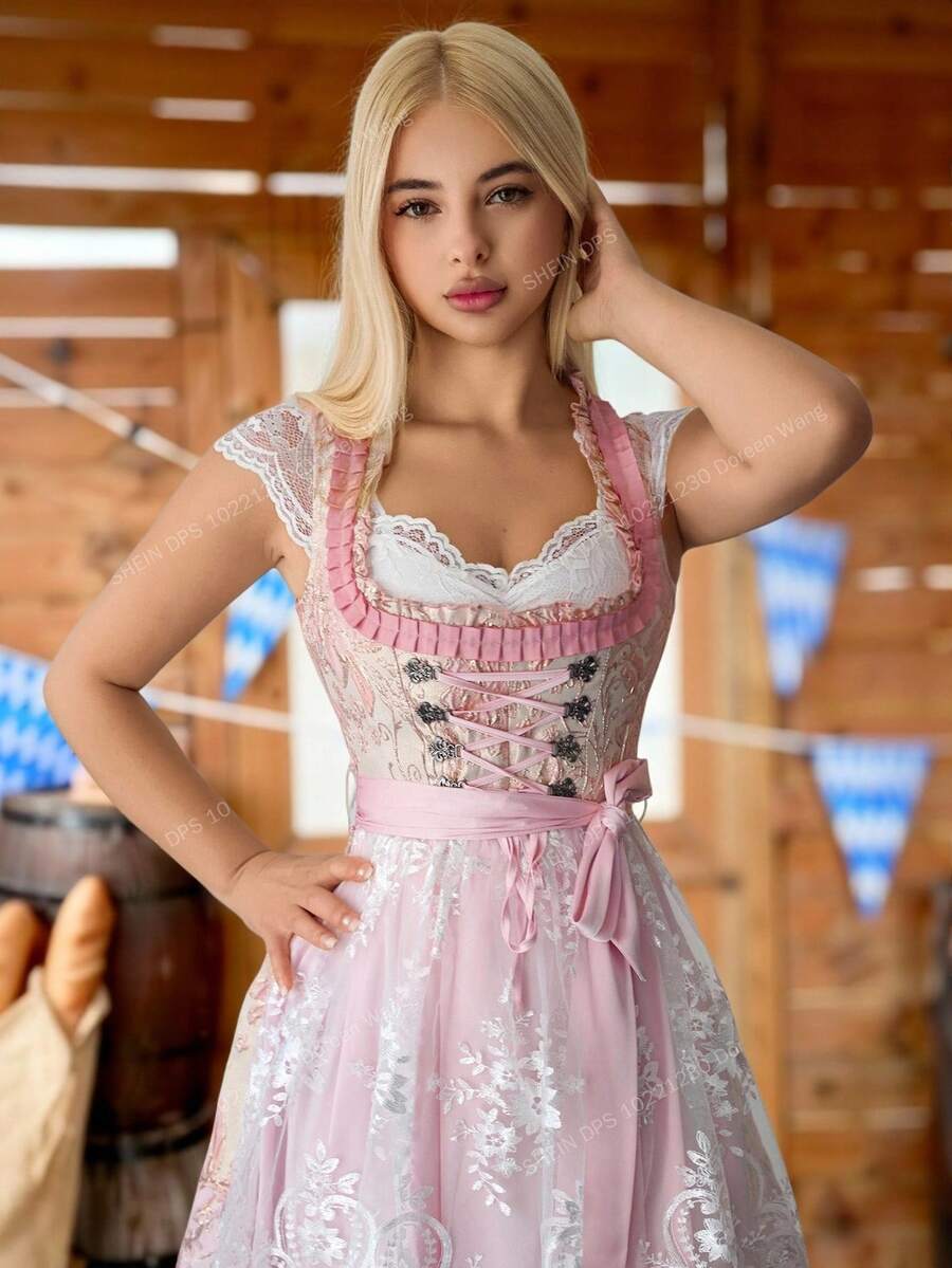 Sweetina 2 件套女士蕾丝上衣和连衣裙套装，啤酒节性感装 - 粉色 - 查看 1