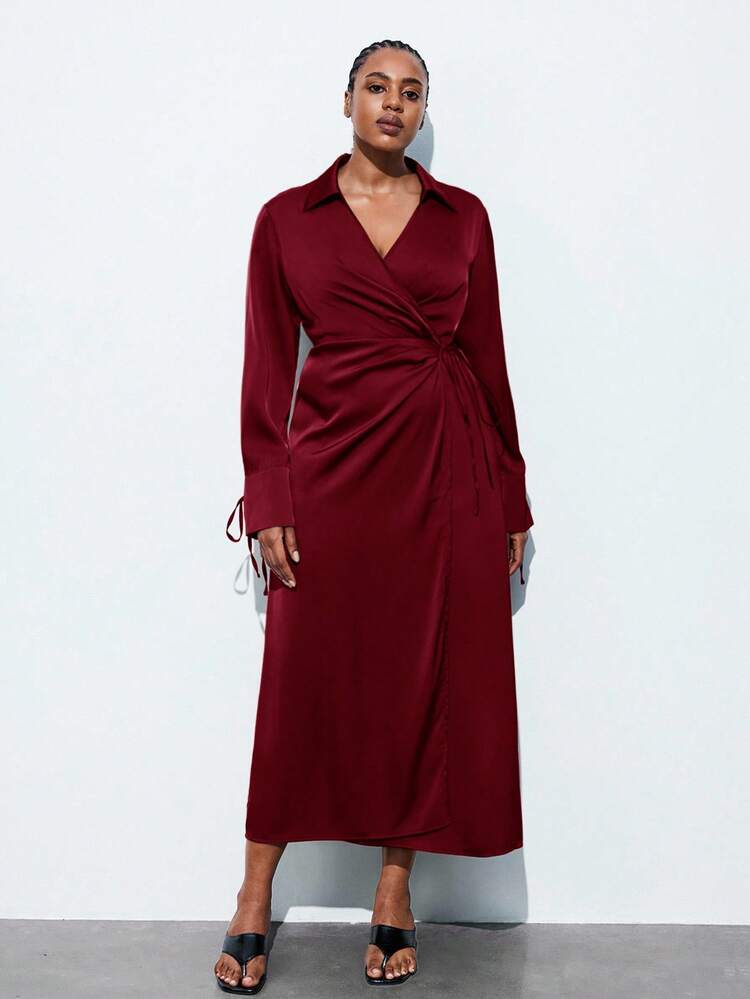 SHEIN Maija Christmas Plus Size Women's 2025 New Brown Spring Dress, V-Neck Tie Waist Loose Casual Office Midi Dress Wrap Dress Women Satin Midi Dress Burgundy Dress For Women Maroon Dress Twist Front Dress Burgundy Wrap Dress For Women