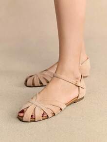 Rosivie 2024新款镂空编织复古法式温柔平底凉鞋，罗马风格，女士夏季 - 粉色 - 查看 5