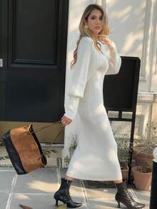 Livesso 女式 V 领长袖收腰长款针织毛衣裙，秋季 - 白色 - 查看 4