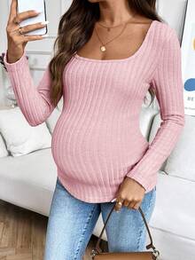 SHEIN Maternity Solid Color Minimalist Daily Long Sleeve Knit T-Shirt Ribbed Top Tops Shirts For Women Pink Fall - Baby Pink - View 4