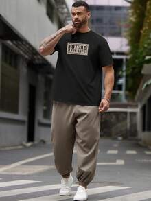 EASEVO 2件套大码男士休闲短袖T恤和抽绳裤套装夏季服装 - 黑色 - 查看 5