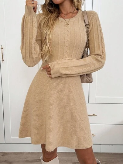 SHEIN LUNE Women's Casual Cable Knit Patchwork Waist Sweater Dress Long Sleeve Elegant Dress Knit Dress Tan Dress Women Ribbed Dress Fall Clothes For Women Dresses For Women Sweaters For Women Winter Clothes For Women Fall Dresses For Women Dresses For Women Elegant Business Casual Woman Work Outfits For Women Winter Dress Women