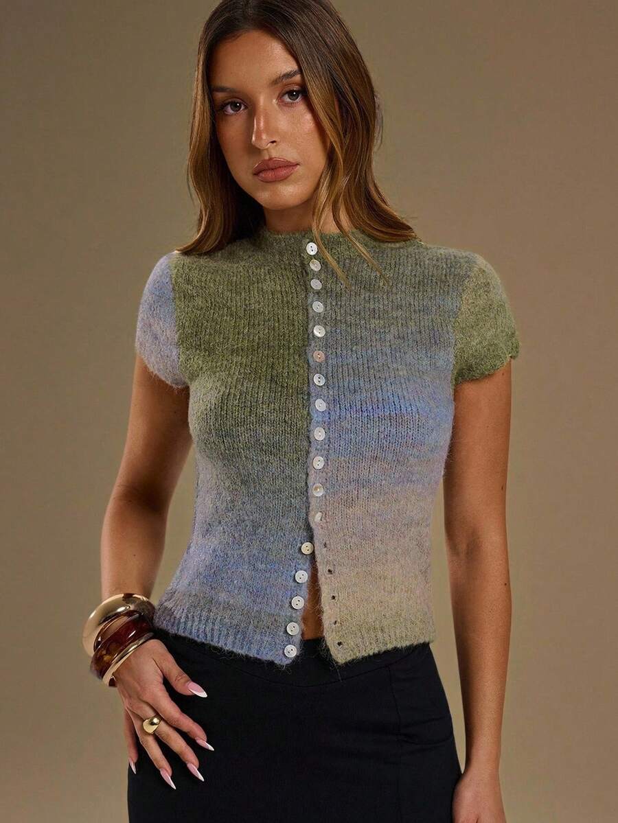 SHEIN BAE 女士单排纽扣渐变色短靴和休闲常规针织上衣 - 灰色 - 查看 1