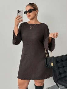 SHEIN PETITE CURVE 大码女式休闲纯色优雅喇叭袖连衣裙 - 棕色 - 查看 7