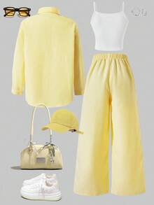 SHEIN 3 件套女童休闲套装：条纹翻领长袖宽松开衫、刺绣马前吊带背心和松紧腰阔腿裤，秋季 - 黃色 - 查看 2