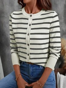 EMERY ROSE Women's Striped Long Sleeve Single-Breasted Casual Thin Knit Cardigan, Autumn