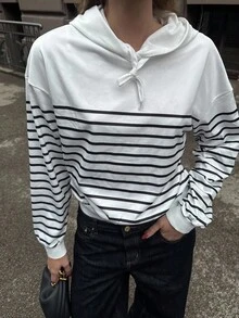 Pariaura Sudadera con capucha de ajuste holgado con estampado de rayas, versátil para el transporte - Blanco - Ver 1