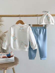 SHEIN 3pcs Baby Boy Bear Print Set: Long Sleeve Top + Elastic Cuff Pants + Drawstring Hat, Autumn/Winter Fall - Multicolor - View 2