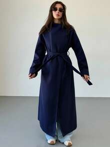 Aloruh 女士纯色立领长袖系带休闲外套，秋冬款 - 藏蓝色 - 查看 1