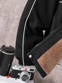 青少年男童休闲撞色镶边保暖内衬连帽外套，秋冬