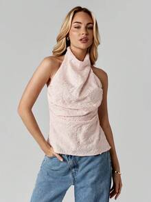 MISSGUIDED Halter Neck High Neck Lace Top For Evening Party Occasions With Cowl Draping - Pink - View 7