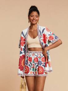 Travachic 2 件套女士度假宽松梭织短袖衬衫和高腰宽松短裤 - 白色 - 查看 6