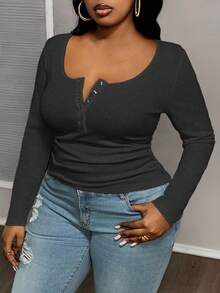 Slaydiva 大码休闲百搭白色修身深U领长袖T恤-C - 深灰色 - 查看 4