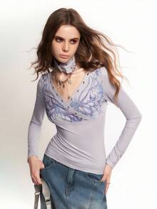 Bloopia Bloopia Ligero Ciberpunk Casual Versátil Reducción de Personalización Otoño/Invierno Halloween Nuevo Estilo Remache Patchwork CHOKER Impresión Digital de Espinas Oscuras Ajuste Ceñido Cuello en V Manga Larga Suéter de Punto