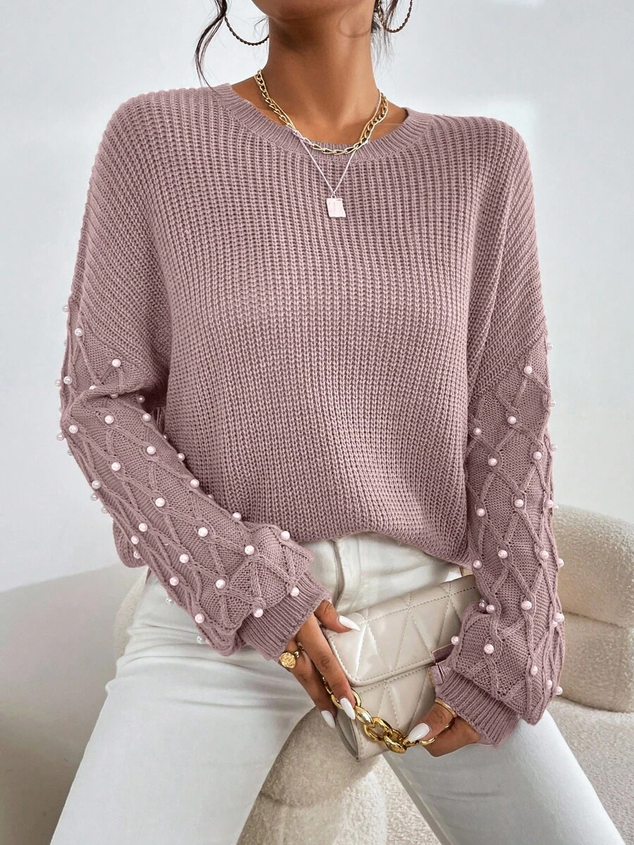 EURMUSE Casual Minimalist Crew Neck Loose Fit Long Sleeve Pullover Sweater For Women - Dusty Pink - View 1