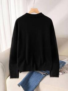 GlowEve CURVE Black And White Elegant Lace-Patchwork Knit Sweater,Autumn Everyday Floral Design Long Sleeve Pullover, Fashion Must-Have For Winter Dates - Black - View 2