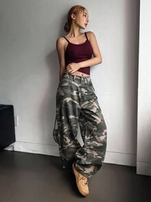 DAZY 女士休闲迷彩宽松长牛仔裤 - 綠色 - 查看 6