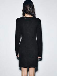 Lumivelle New Autumn Fashion French Style Round Neck Single-Breasted Black Fitted Knit Dress For Women, Waist Cinched, Autumn/Winter