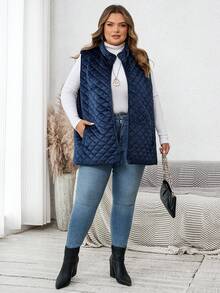 SHEIN CURVE+ Velvet Quilted Vest Thickened Jacket Navy Blue In Fall/Winter - Navy Blue - View 7