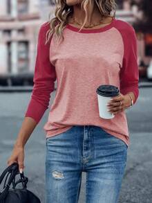 EMERY ROSE Camiseta de mujer con mangas raglán y bloque de color - Rojo - Ver 4