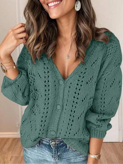EMERY ROSE Women Solid Color Hollow V-Neck Casual Knitted Cardigan Fall Winter Cloth For Women
