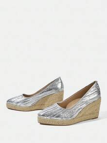 Styleloop Scarpe da donna in tela semplici con cinturino alla caviglia, fascia elastica per le vacanze, cerniera sul retro, punta tonda in finta pelle con fibbia metallica cava, sandali con zeppa spessa in piattaforma intrecciata nera per le vacanze - Argento - Visualizzare 3