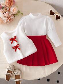 Souflis Souflis 女宝宝冬季白色长袖针织上衣+白色蓬松背心+红色百褶裙两件套 - 紅色 - 查看 7