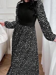 Modelyn Robe arabe élégante pour femmes avec col montant, manches lanternes et patchwork à motif floral - Noir - Voir 3