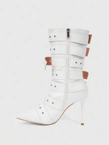 CUCCOO SZL Stivali da donna con punta affusolata e tacco a spillo alto, tomaia in PU bianco con decorazioni in occhielli d'argento, alla moda e confortevoli per feste e discoteche