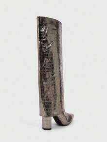 CUCCOO SZL 女士尖头粗高跟靴，银色鳄鱼压纹 PU 皮革，双层面料设计，时尚简约，舒适日常、派对、宴会，侧拉链一脚蹬 - 銀色 - 查看 4