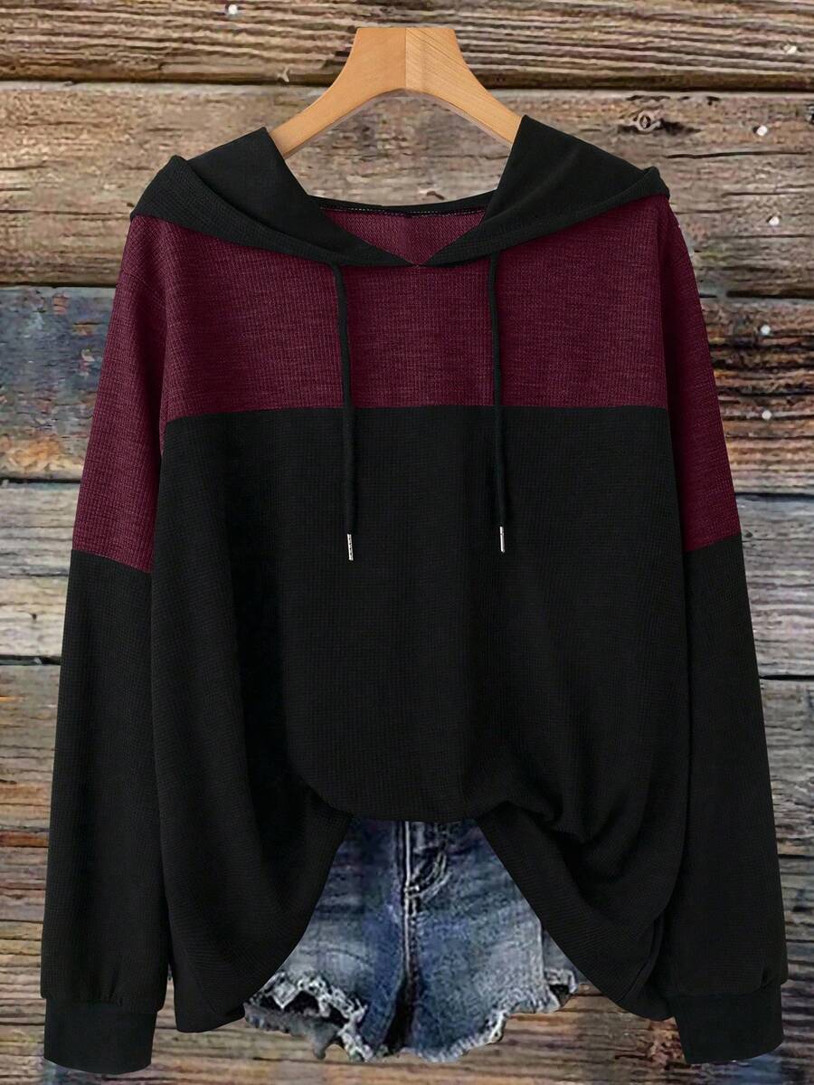 Linhara Plus Size Women's Colorblock Long Sleeve Casual Drawstring Hooded Sweatshirt, Autumn - Burgundy - View 1